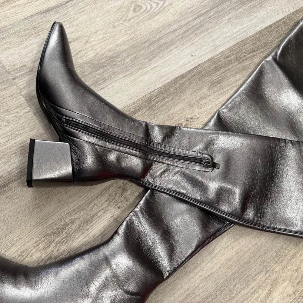 Muccute Gunmetal‎ Metallic Over The Knee Square Toe Block Heel Boots B111 7.5